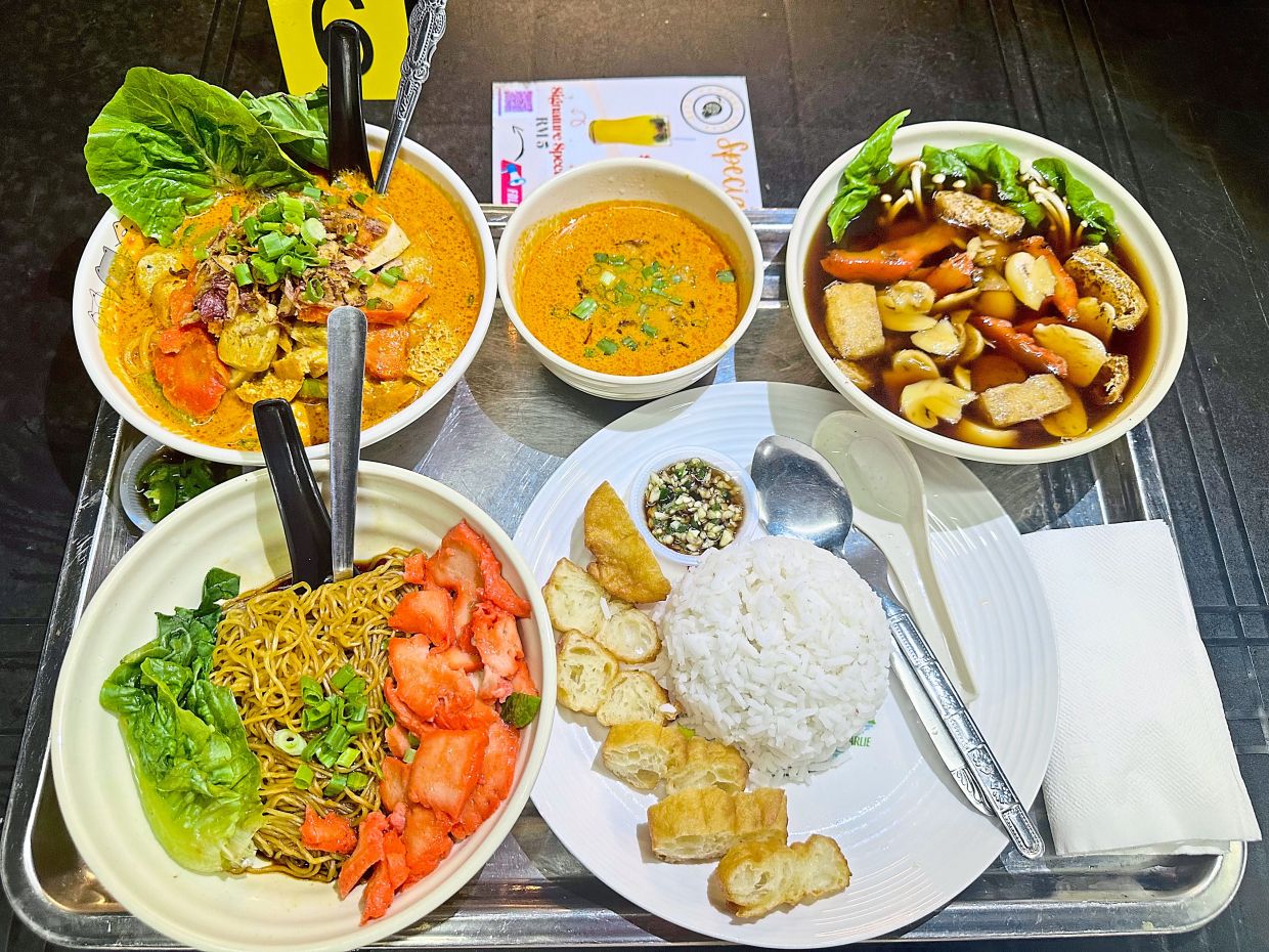 (Clockwise from top left) Vegetarian Chinese dishes Curry Mee, Chik Kut Teh with rice and sliced Chinese crullers, and Wan Tan Mee.